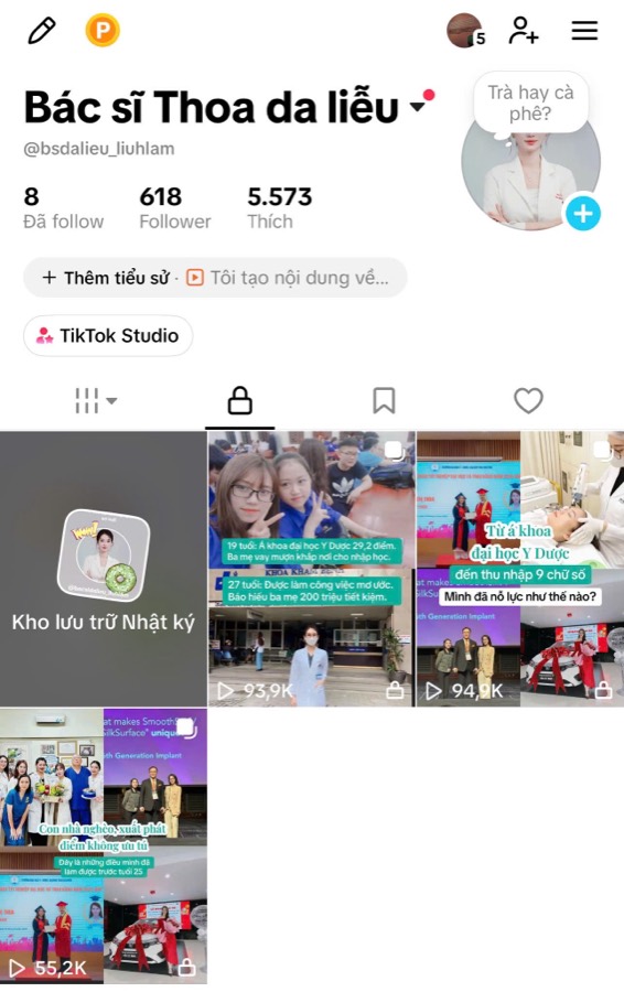 Kênh TikTok Bác sĩ Thoa da liễu: 618 người theo dõi, 5.573 lượt thích